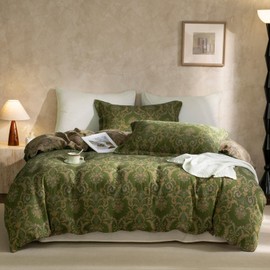 VM VOUGEMARKET Green Floral Duvet Cover Queen,3 Pieces Retro Boho Medallion Jacquard Flower Bedding Set,Linen Cotton Yarn-Dyed Textured Reversible Duvet Cover with Zipper Closure