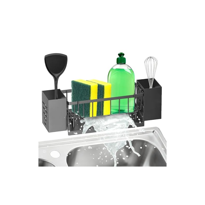 Sink Organiser Black with Towel Holder, Kitchen Organiser Sink with