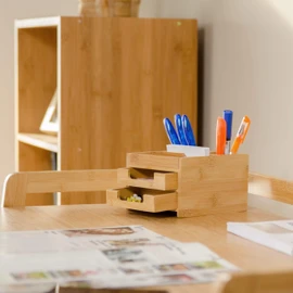 Relaxdays Schreibtisch Organizer Bambus, Stiftehalter Holz, Schreibtischbox Schubladen, HxBxT: 9,5 x 12,5 x 15 cm, natur