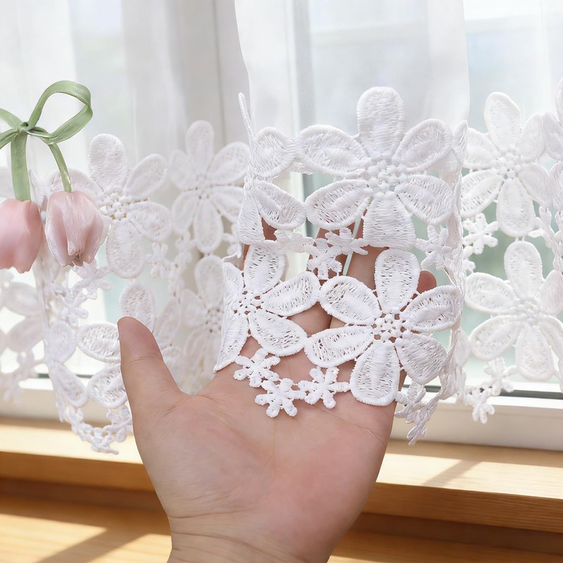 White Sheer Valance Lace Trim Pink Tulip Decor Farmhouse 60W