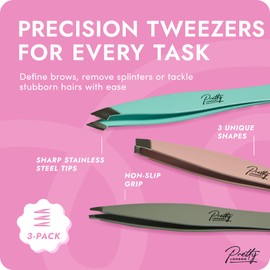 Pretty London - Eyebrow Tweezers – Precision Tweezer with Slant, Point & Flat Tips, Stainless Steel Hair Removal Tool Kit for Brows, Ingrown Hairs & Splinters – Beauty Tools for Women