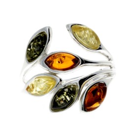 Silver Amber Jewellery - 925 Sterling Silver and Mix Baltic Amber Multi stone Designer Ring - UK Rng Size L - M723L