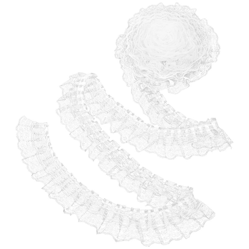White Lace Ribbon, 2-Layer Pleated Edge White Lace Ruffle Trim