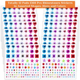 Self Adhesive Rhinestones Stickers, Selizo 1368Pcs Craft Gems Jewel Stickers Face Jewels Stick on Bling Crystal Diamond Stickers for Crafts, Decorations, Body Painting, Assorted Shapes, Sizes and Colo