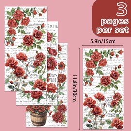 INFUNLY 3PCS Vintage Red Rose Rub on Transfers for Furniture 5.9"×11.8" Flower Theme Transfers Sticker Botanical Peony Transfers Stickers with Word Background for Wood Glass Scrapbook DIY Paper