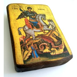 Wooden Icon Of Saint George Riding His Horse And Slaying The Beast Greek Christian Orthodox Wooden Icon A0