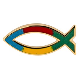 ICHTHYS Fish Rainbow Pin [Size Approx. 2 cm] with CHRISTIAN SYMBOL in GOLD COLOURED METAL - Coloured Enamelled - MaMeMi
