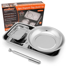 HORUDSY 4PC Magnetic Tray Set with Magnet Stick – Extra Strong Magnets, Stainless Steel Trays, and Telescoping Pickup Tool for Organizing and Retrieving Metal Parts