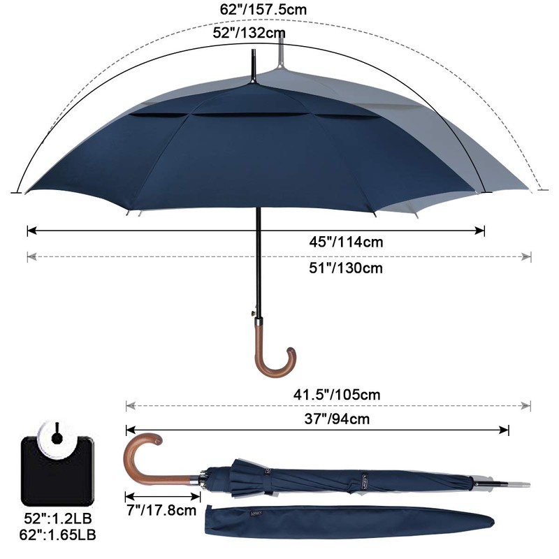G4Free 52/62inch Wooden J Handle Golf Umbrella Windproof Classic Stick