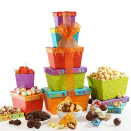 Broadway Basketeers Broadway Basketeers Food Chocolate Gift Basket Tower for Birthdays C Curated Snack Box, Sweet and Savory Treats for Parties, Best Wishes, Birthday Presents for Women, Men, Mom, Dad, Her, Him, Families