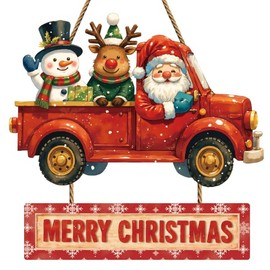 Celestdeco Truck Merry Christmas Wooden Door Sign,Red Car Christmas Wreath,Winter Snowman Door Decor,Red Truck Reindeer Wooden Hanging Sign,Santa Claus Wall Decor For Porch Yard Home Bedroom Farmhouse