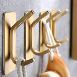 Taozun 4-Pack Adhesive Hooks - Brushed Gold Towel Hooks, Stainless Steel Wall Hooks Holder for Hanging Robe Sponges in Bathroom and Bedroom