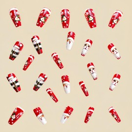 Christmas Press on Nails Medium Length Glossy Acrylic Square Shaped Winter False Nails with Snowflake Designs Artificial Square Xmas Holiday Fake Nails Glue ons Fingernails for Women Girls(Y416)