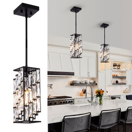 Besytal Crystal Pendant Lights Kitchen Island 2 Pack, Modern Black Chandelier Height Adjustable, Hanging Lights for Kitchen Island Dining Room Bedroom