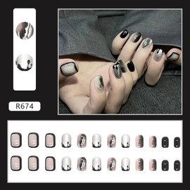 Press on Nails Coffin Shape, Glue on Finger Nails with Designs, 24Pcs Full Cover Reusable False Nails Kits, Stick on Nails Short Square, Artificial Fingernails Acrylic Fake Nails for Women（R674）