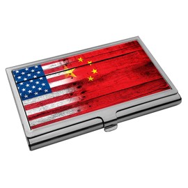 ExpressItBest Premium Stainless Steel Business Card Holder - Flag of China (Chinese) - Wood/USA