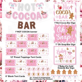 Hot Cocoa Bar Kit Pink Hot Cocoa Bar Banner Cute Gingerbread Man Sign Oh Snap Toppings Tent Cards Cup Tags Stickers for Winter Baby Shower Christmas Party Baby It's Cold Outside Decorations