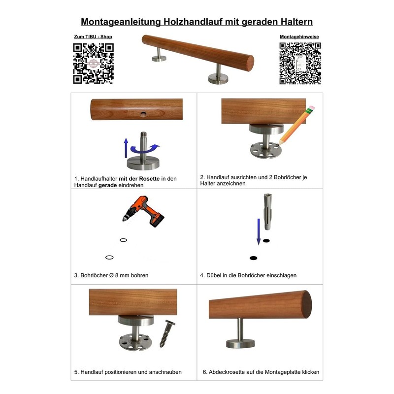TIBU Oak Wooden Handrail Railing 0.3 m - 6 m,