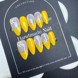 100% Handmade Press on Nails Medium Almond Handmade Nails with White Flower Daisy Design Yellow False Nails Glossy Yellow French Tip Nail Press ons Reusable Fake Nails for Women Size L 10Pcs