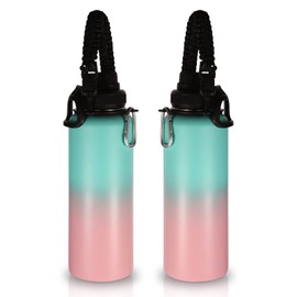 Volhoply Insulated Water Bottles Bulk 2 Pack, 40 oz Stainless Steel Sports Bottle with Paracord Handle & Spout Lid,Double Walled Vacuum Travel Water Thermos with Wide Mouth Hiking(Green Pink,2 Set)