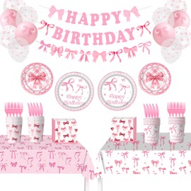 Coquette Birthday Decorations Serve 20, 163pcs Pink Bow Party Supplies Includes Bow Plates and Napkins Set Happy Birthday Banner and Tablecloth Balloons for Girls Bow Themed Party Decor