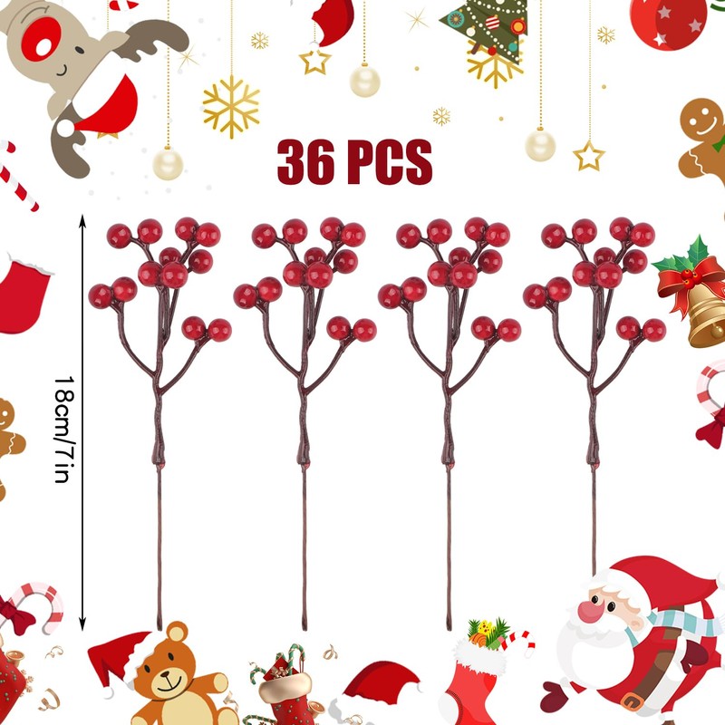 YiYa 36 Pcs Christmas Holly Berries Artificial Red Berry Stems