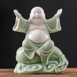 Houlu 8 Inch Green Laughing Buddha Statue for Good Luck, Ceramic Lucky Happy Buddha Statue Indoor for Home Decor