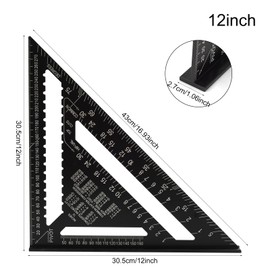 Aluminum Rafter Square Set (12" & 7") – Heavy-Duty Carpenter Square, Triangle Ruler & Protractor – Imperial Measurement Layout Tool for Woodworking, Carpentry & Framing