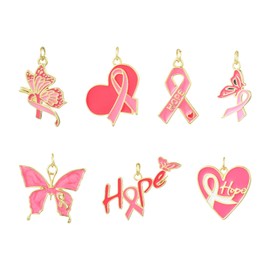 LiQunSweet 7 piezas de 7 estilos de concienciación sobre el cáncer de mama, esmaltado con cinta rosa, encantos de esperanza para manualidades, pulseras, collares, arete, bolsas, bolsos, llaveros