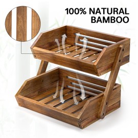 G.a HOMEFAVOR Fruit Basket: 2-Tier Acacia Wood Fruit Bowl for Kitchen, Fruit Stand Storage Holder for Vegetables and Snack Home Kitchen Countertop Organizer (Self-assembly)