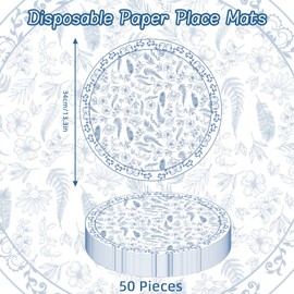 50 Pack Blue Floral Vintage Paper Placemats 13.7 Inch Disposable Blue and White Placemats Decorative Chinoiserie Round Table Mats for Wedding Baby Shower Anniversary Birthday Party Supplies