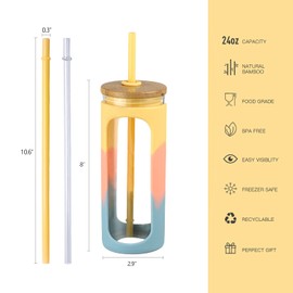 Kodrine 20oz Glass Tumbler with Straw and Lid, Iced Coffee Cups with Bamboo Lids, Glass Cups for Cold Drinks, Smoothie Cup with Silicone Sleeve for Travel, Work, BPA FREE-Blue Yellow