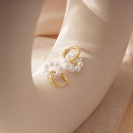 Plucar Pearl Earrings for Women - Gold Hoop Earrings for Women Pearl Dangle Earrings for Women Gold Earrings for Women Trendy 14K Gold Jewelry for Women