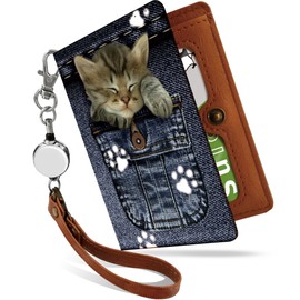 Pretimo Pass Case, Commuter Pass Case, with Reel, Cat Pattern, Bifold and Invisible Shape, Women's, Animal Pattern, Blue, Cat Pocket Kijitra