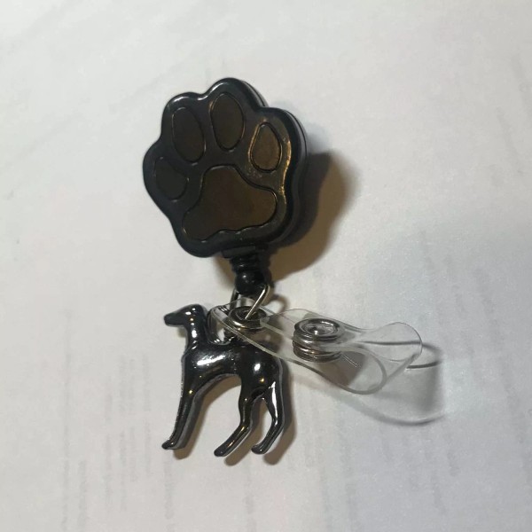 Retractable Clip-on Pawprint Lanyard w Pewter Greyhound Whippet IG Charm