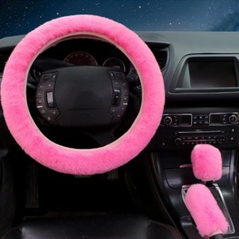 Wazzh 7PCS Set car Interior Aesthetic Accessories, Fluffy 15 inch Steering Wheel Cover, armrest pad, seat Belt Cover,Gear Shift Cover, Fit Girly car Accessories for Women.