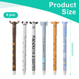 KEMUZ Pack of 6 Erasable Pens, Gel Pens, Erasable, Erasable Pens, Various Ink Colours and Barrel Designs, 0.5 mm Tip (Elk, Panda, Zebra, Elephant, Sika Deer, Monkey)