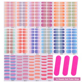 Gradient Nail Polish Stickers Strips - 16 Sheets Full Cover Nail Wraps Colored Self Adhesive Nail Strips for Women Girls Fingernails Nail Art Stickers Decals with 3pc Nail Files