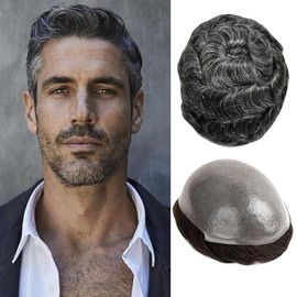 Xingrda Toupee For Men Ultra Thin Skin V-looped Mens Toupee Full Poly PU Human Hairpiece 8x10 inch Hair Unit Wigs For Man (#1B60 Natural Black With 60% Gray)