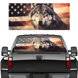 Generic American Flag Wolf Truck Rear Window Decal Sticker, 66 X 20 Perforated Graphic Decal for Truck Rear Window, Wolf Animal Truck Rear Window Vinyl Decal (66""W x 20""H)