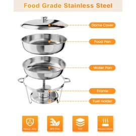 GAOMON 5QT Chafing Dish Buffet Set of 6 Pack, Round Stainless Steel Food Warmers Buffet Servers Sets, Chafer with Food & Water Pan, Lid, Frame, Fuel Holder for Catering and Parties