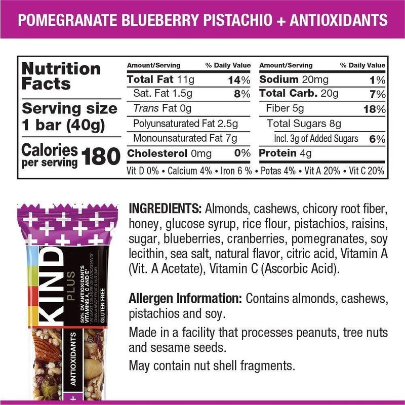 KIND Bars, Pomegranate Blueberry Pistashio + Antioxidants, Gluten Free, Low