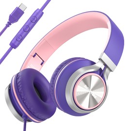 INFURTURE USB-C Wired Headphones with Mic & Volume Control，Tangle-Free Plaiting Line，Over/On-Ear Headphones，Lightweight Foldable for Smartphone,Tablet（Pink-Purple）
