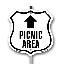 Picnic Area Up 12 inch X 12 inch Shield Shaped Commercial Grade Plastic Sign with Aluminum Mounting Stake Weather Resistant Made in the USA