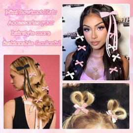 AOREAS 34PCS Pink Bow Hair Clips- Red Hair Ribbon Bowknot Tassel Claw Satin Mini Bowknot Hair Accessories Cute Hair Black Bow Barrettes Ribbon Hairpins for Women Girls
