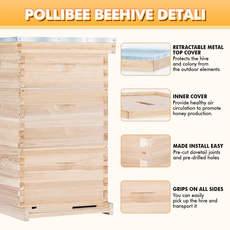 POLLIBEE Bee Hive,10 Frame Bee Hives Boxes Starter Kit, Langstroth