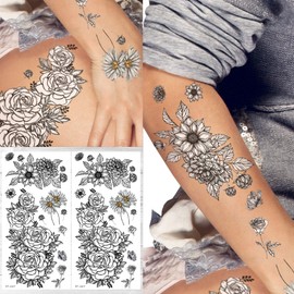 Supperb® White Temporary Tattoos - Hand Drawn Inspired White & Black Flowers White Roses (Set of 2)