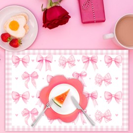 Cheerupp Pink Bow Theme Place Mats Set of 4, Bow Theme Home Decor, Non-Slip Washable Reusable Table Mats for Indoor Outdoor Kitchen Dining Table Home Decorations 12 x 18 Inches