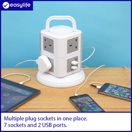Power Tower 9 | 2 layer tower socket | 7 Sockets & 2 USB Ports | Carry Handle | Features an overload protection | Safely manufactured from fire-resistant materials | Size: Dia 15cm x Height 16cm