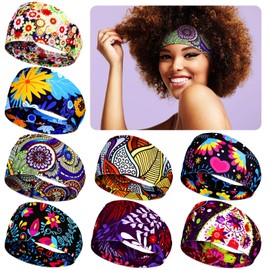8 Pieces African Headband Stretchy Boho Print Hairband Yoga Running Sports Workout Head Grip Band Elastic Turban Headwrap Head Cloth for Women Girls Hair Accessories (Floral Pattern)